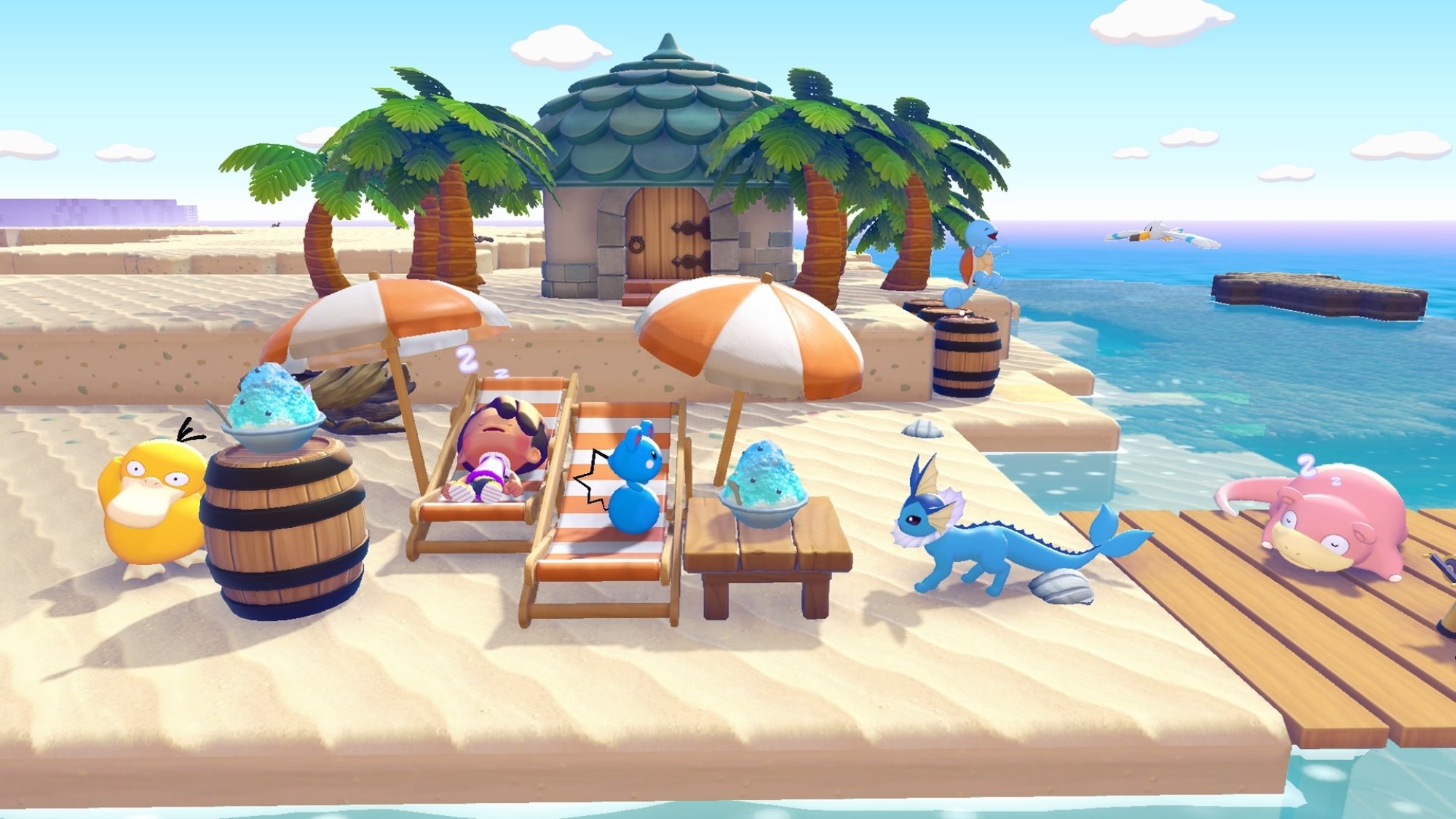 Pokémon lounging on beach furniture in Pokopia