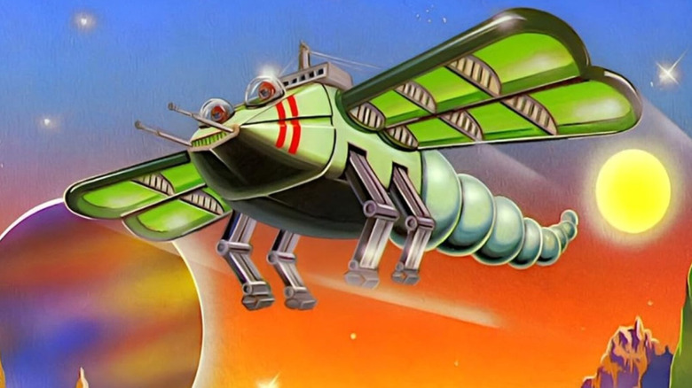 A spaceship shaped like a dragonfly soars over an alien planet on the cover art for 
