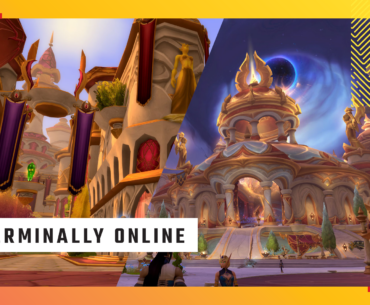 The Terminally Online Column overlay pasted over two images of Silvermoon from World of Warcraft.