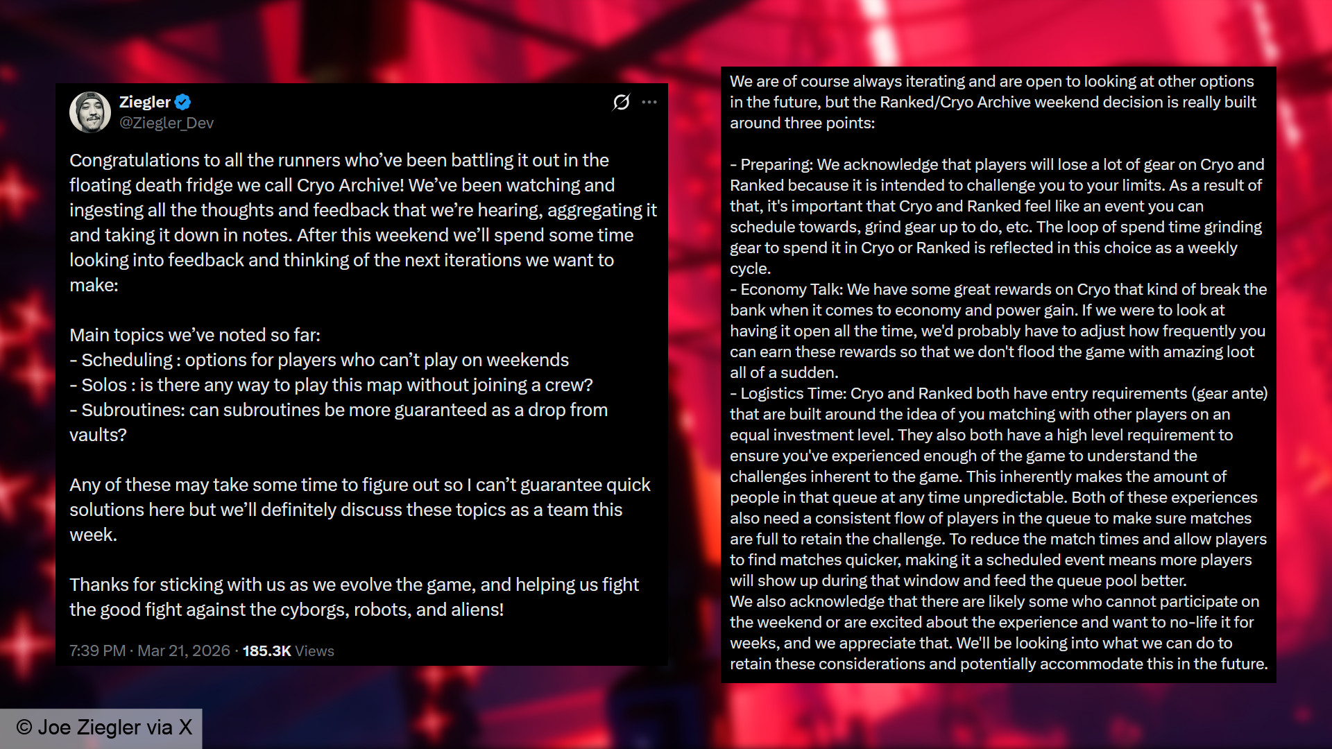 Marathon game director Joe Ziegler via X: 