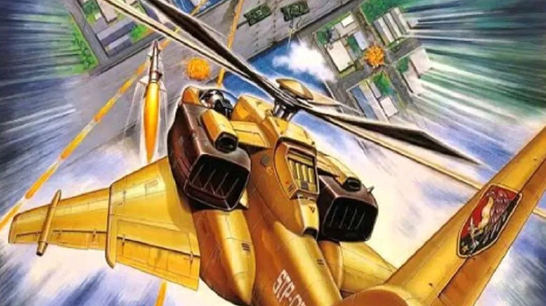 A helicopter fires missiles at incoming thanks on the cover art for 