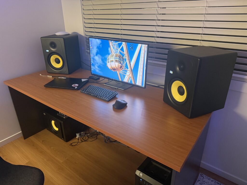 I haven’t had a desk in four years, but here’s my new setup. It’s a work in progress.