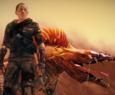 A man stands with a giant beast with dripping fangs