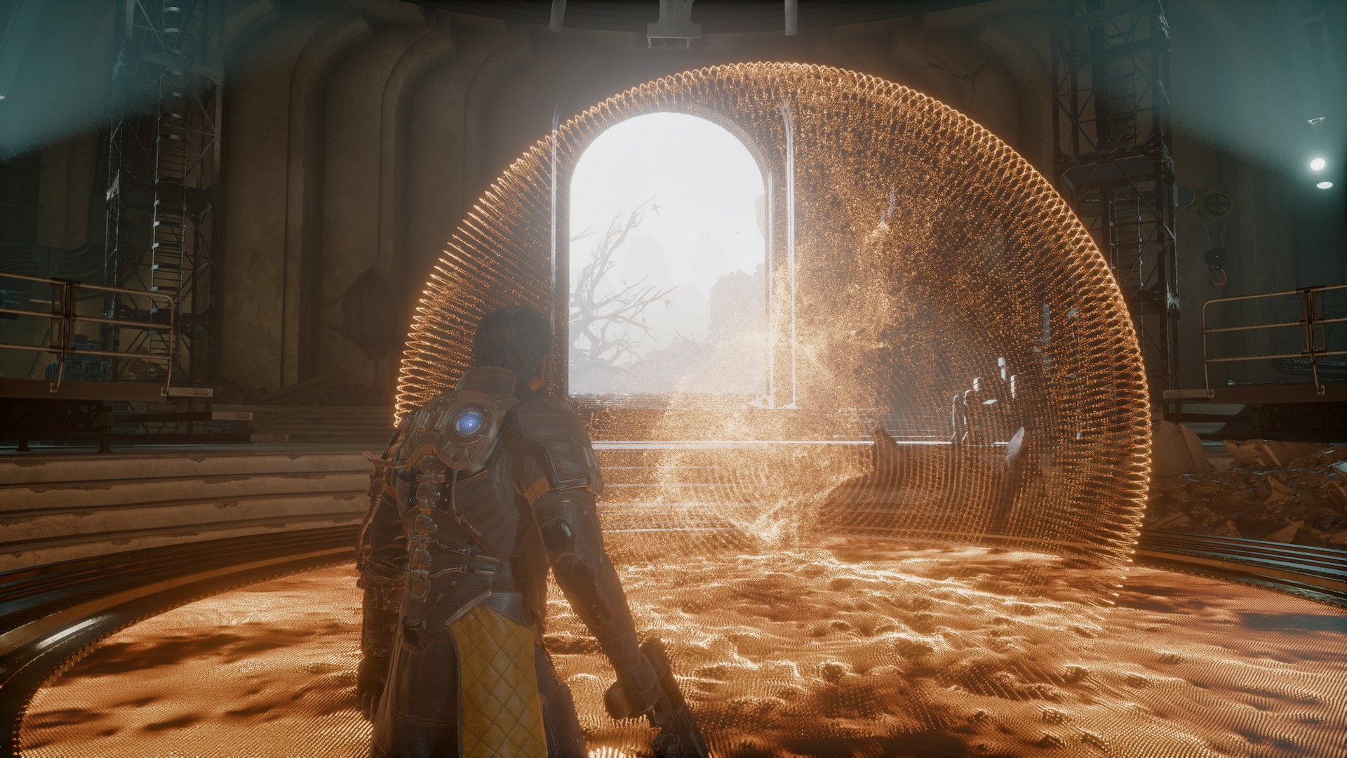Arjun uses the world dial in The Passage to activate teleportation in Saros