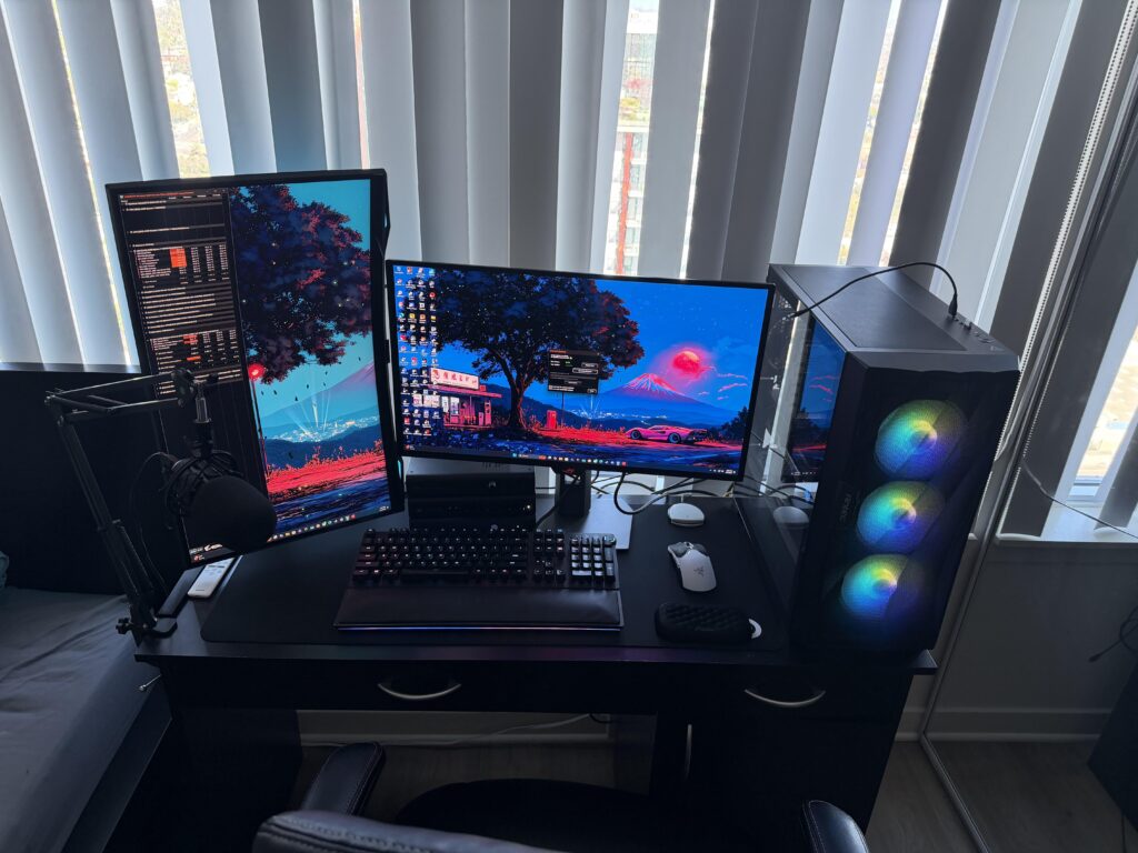 If only my room was bigger I’d have a nicer desk for my setup .