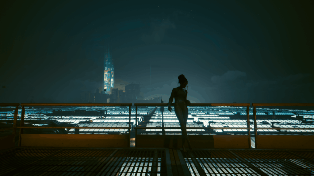 Panam's silhouette against the Night City skyline, pure cyberpunk bliss