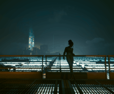 Panam's silhouette against the Night City skyline, pure cyberpunk bliss