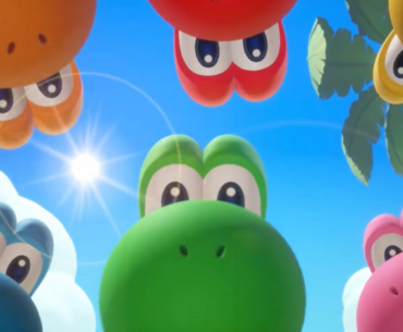 different color yoshis look down at the camera
