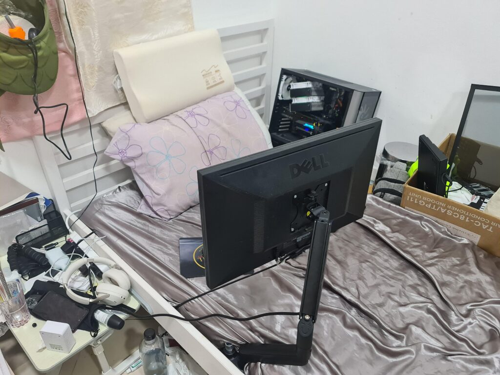 My bed setup v4, yes, I kick the monitor while sleeping