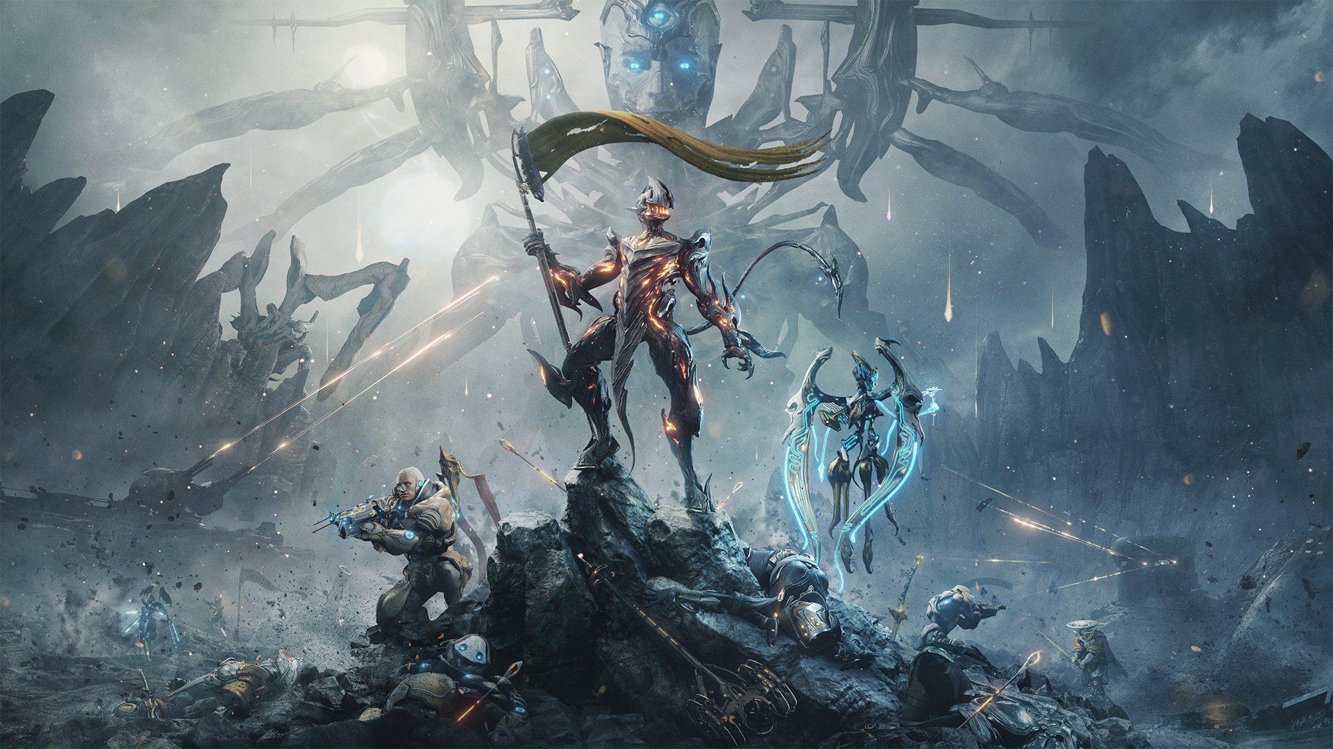 An image of Uriel, a Warframe, standing on a pillar holding a flag, a huge blue and gold robot looming down, looking over him