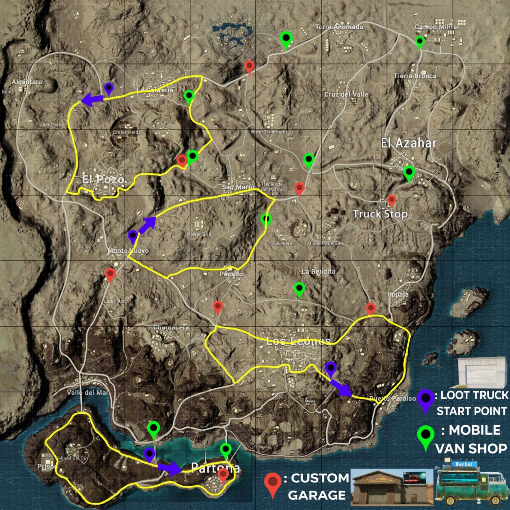 MIRAMAR MAP GUIDE 2026 : ALL LOCATIONS: Loot truck routes, Mobile Shop and Custom Garage. 2500x2500 pixels map  (Updated locations except for ziplines)