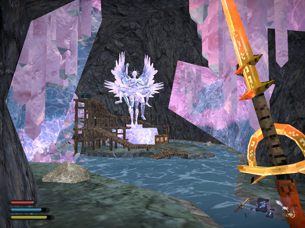 Dread delusion approaching ominous crystal statue in cave