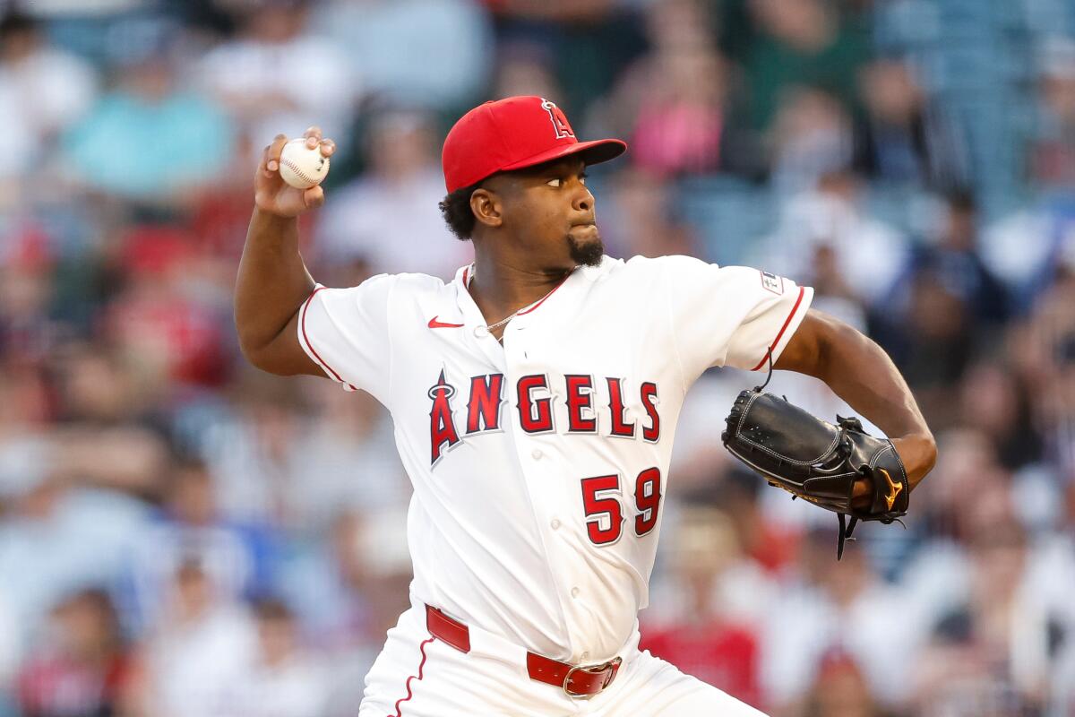 Angels starting pitcher José Soriano delivers in the second inning of a 6-2 win over the Atlanta Braves.