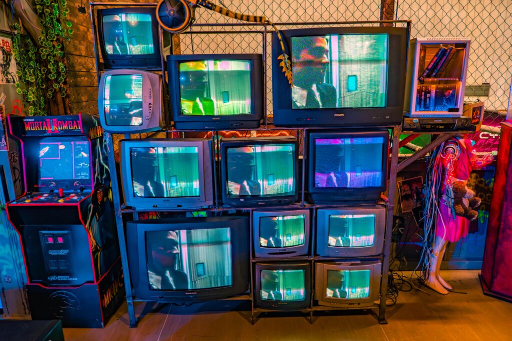 Fully functional CRT wall in a cyberpunk and sci-fi complex in Prague.