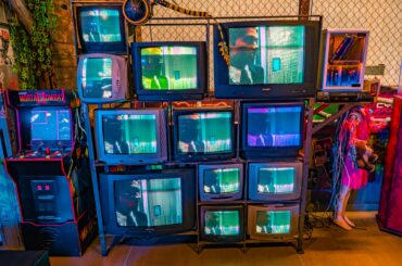 Fully functional CRT wall in a cyberpunk and sci-fi complex in Prague.