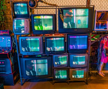 Fully functional CRT wall in a cyberpunk and sci-fi complex in Prague.