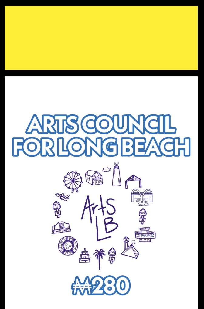 A yellow Monopoly piece that reads "Arts Council for Long Beach" and features tiny renderings of buildings, a palm tree and ferris wheel.