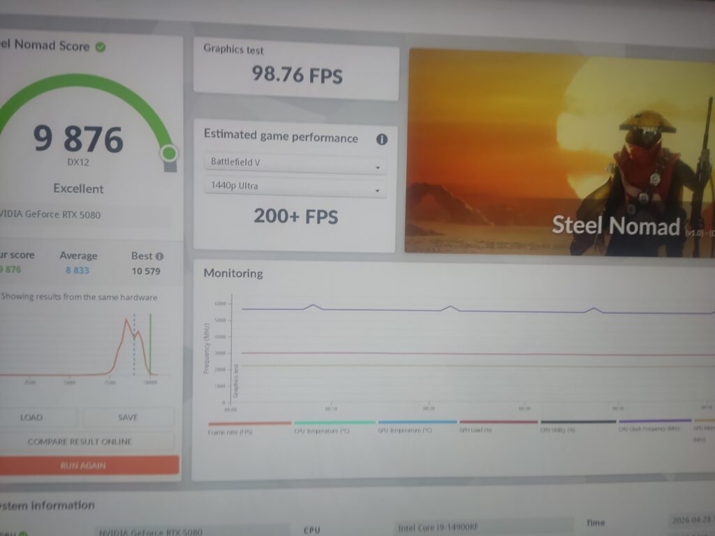 Today my new record.  9876 points in 3dmark benchmark steel nomad with an rtx 5080 and an i9-14900kf.