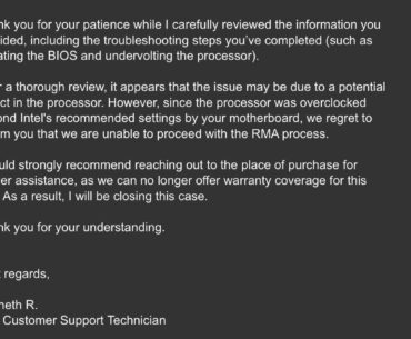 Tried to RMA my 14900k that was crashing and just got this email. I stated that the motherboard was overvolting the cpu right out of the box. Absolutely ridiculous.