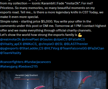 Pasha is letting go of his legendary motar2k Karambit Fade for charity that helps young people fighting cancer