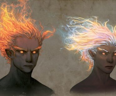 Two genasi with glowing eyes and hair from Neverwinter Nights 2 concept art.