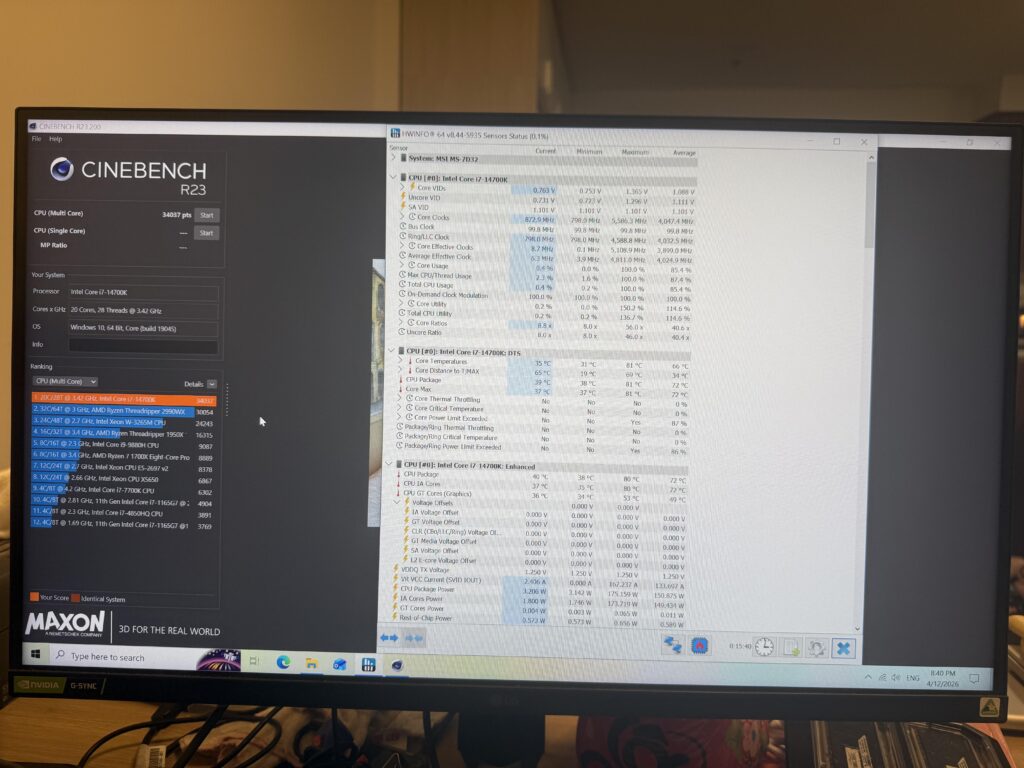 14700k pl1 + pl2 175w, ACLL 20 scoring 34000 in R23