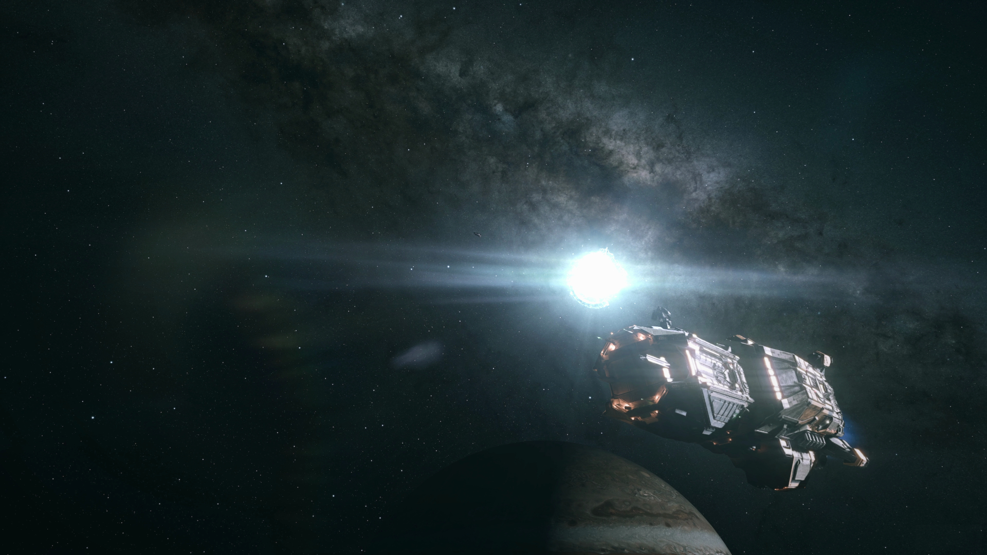 Screenshot from The Expanse: Osiris Reborn, showing a spaceship in orbit of a Jupiter with a bright white light in the background.