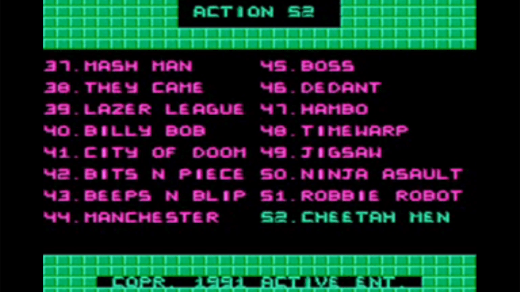 A screenshot from Action 52 on the NES.
