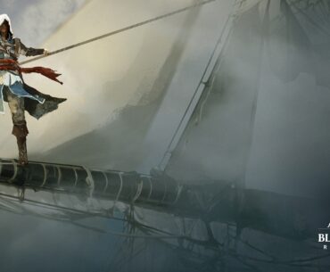 A character from Assassin’s Creed Black Flag Resynced stands on a ship's rigging against a cloudy sky.