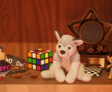 A wooden shelf decorated with plush toys, wrist bracelets, and a mirror.