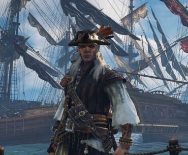 Windrose - Pirate player character standing in front of their fleet of ships