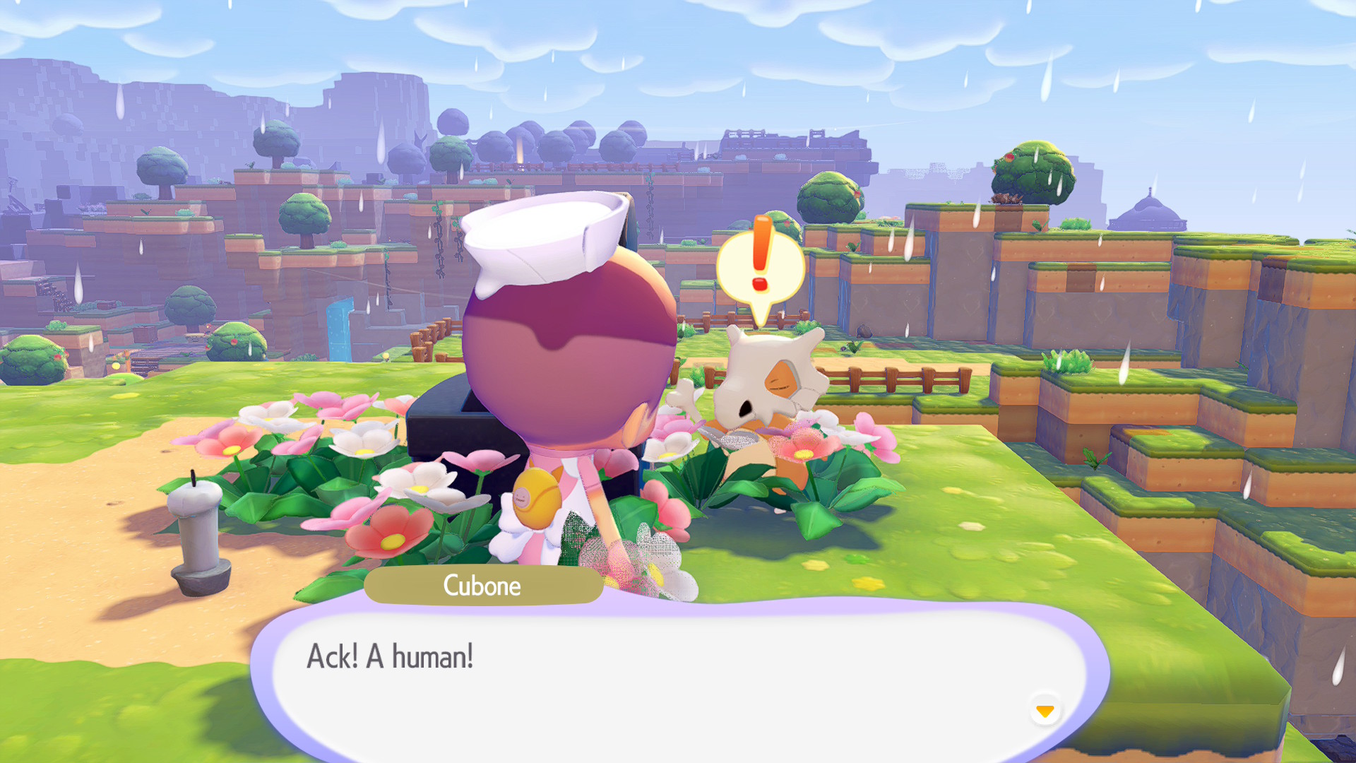 A screenshot of Pokémon Pokopia with Cubone in the Withered Wastelands. 