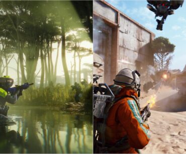 In a split-screen image, characters from Marathon and ARC Raiders are seen on the left navigating a forest with futuristic helmets and gear, while on the right, a character in an orange suit fires at a drone near a concrete structure in a desert-like environment.