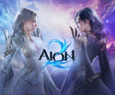 Two armored characters face each other in a celestial landscape with the title 'Aion 2' between them.