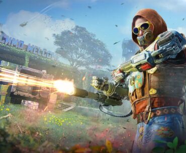 Off the Grid promo screen - cyborg with little chaingun slung under his right arm, wearing a hoodie and sunglasses, shooting at something off screen