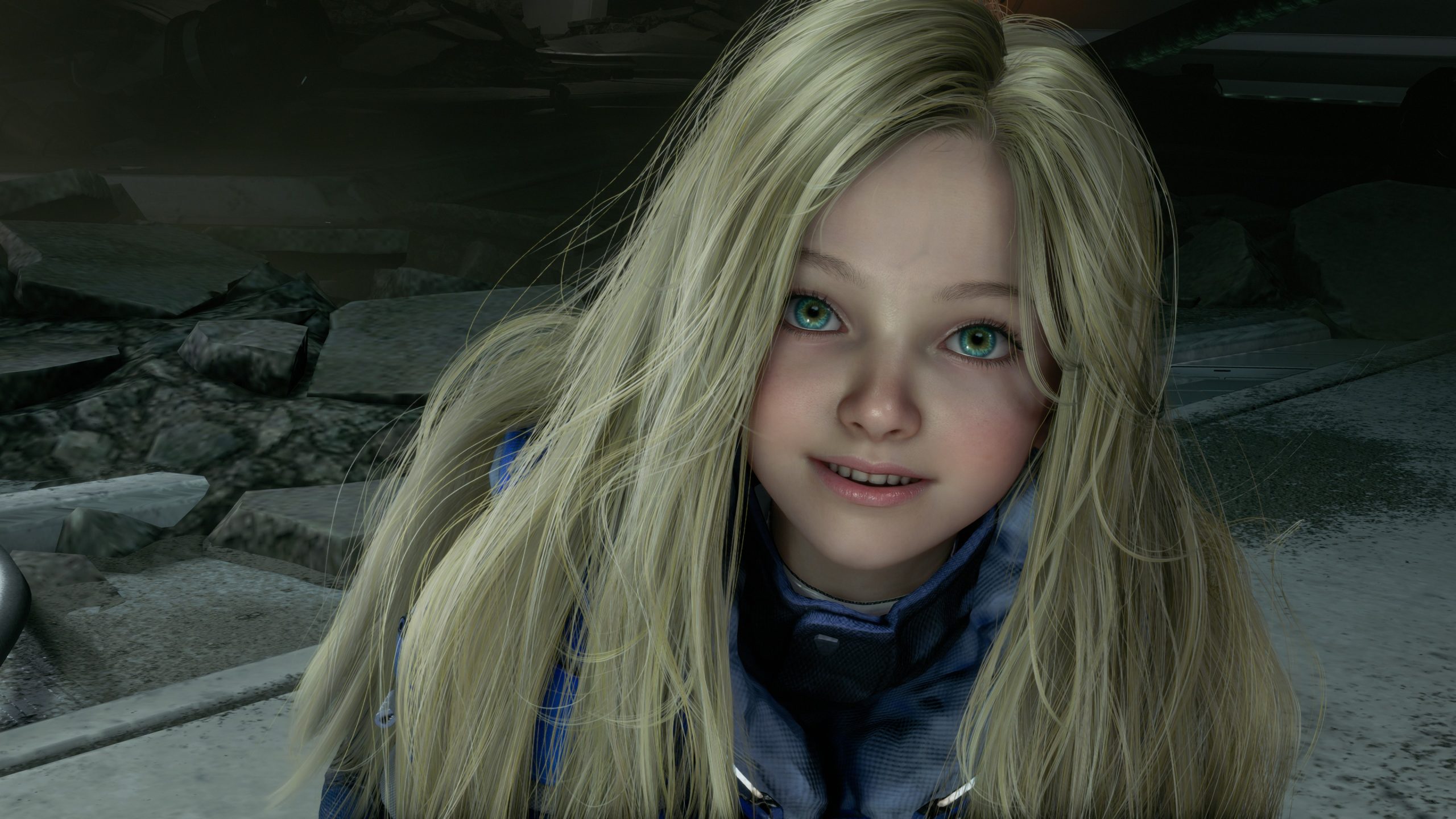 A close-up of a character in PRAGMATA with long blonde hair and green eyes in a detailed digital environment.