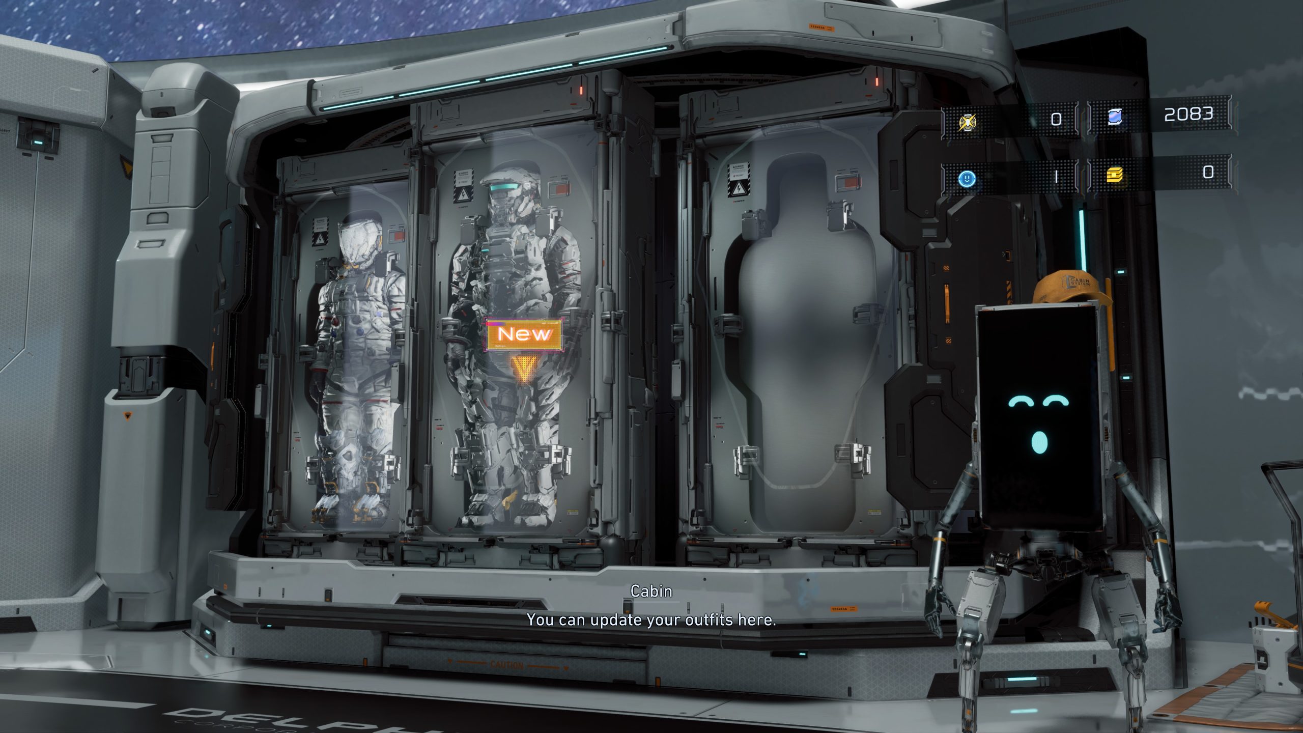 A futuristic game interface in PRAGMATA shows a robotic suit labeled 'New' in an outfit customization cabin with a console displaying icons and a score of 2083.