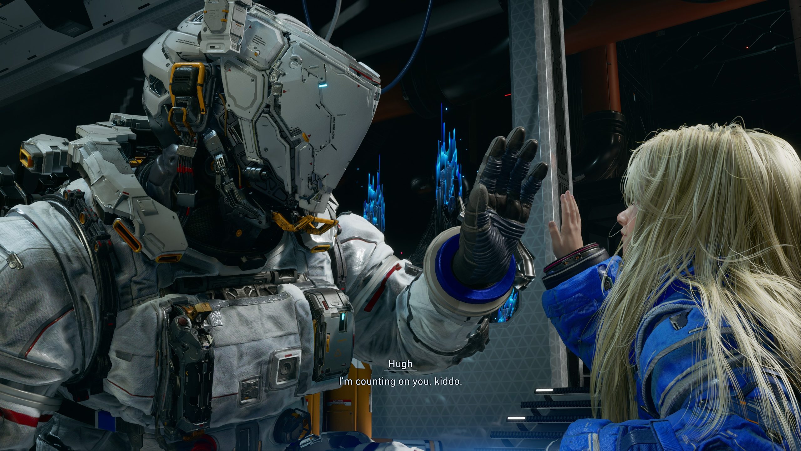 In a scene from the video game Pragmata, a character in a high-tech exosuit interacts with a blonde girl in a blue jacket, with the on-screen text reading 'Hugh: I'm counting on you, kiddo.'