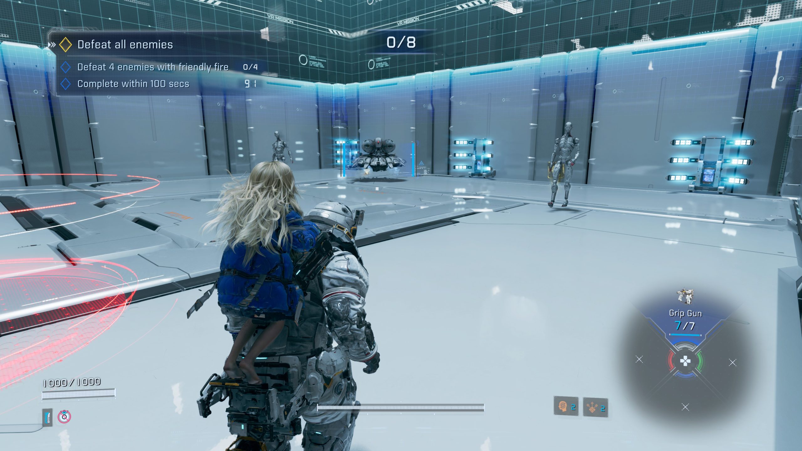 A character in PRAGMATA in armor carries another person on their back in a futuristic training area with a mission objective titled 'Defeat all enemies.'