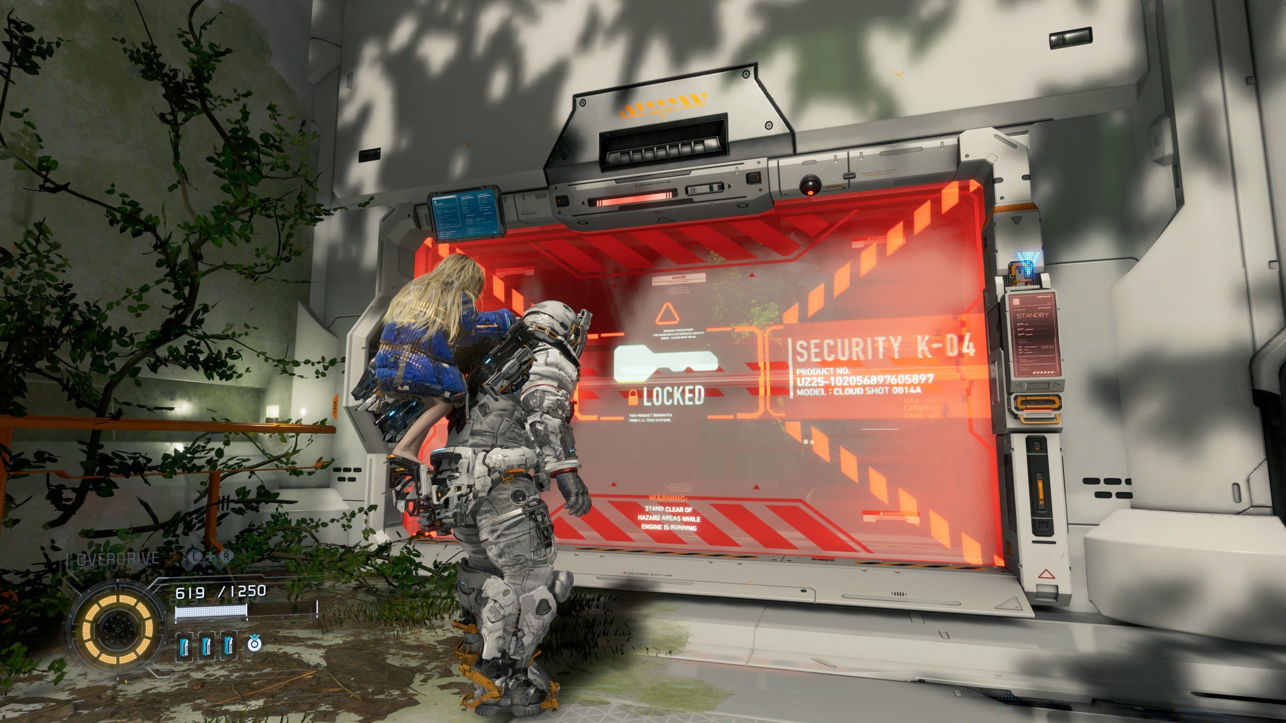 A character in PRAGMATA in an armored suit stands in front of a glowing red 'SECURITY K-D4 LOCKED' panel with a child on their back in a futuristic setting, featuring greenery and technology.