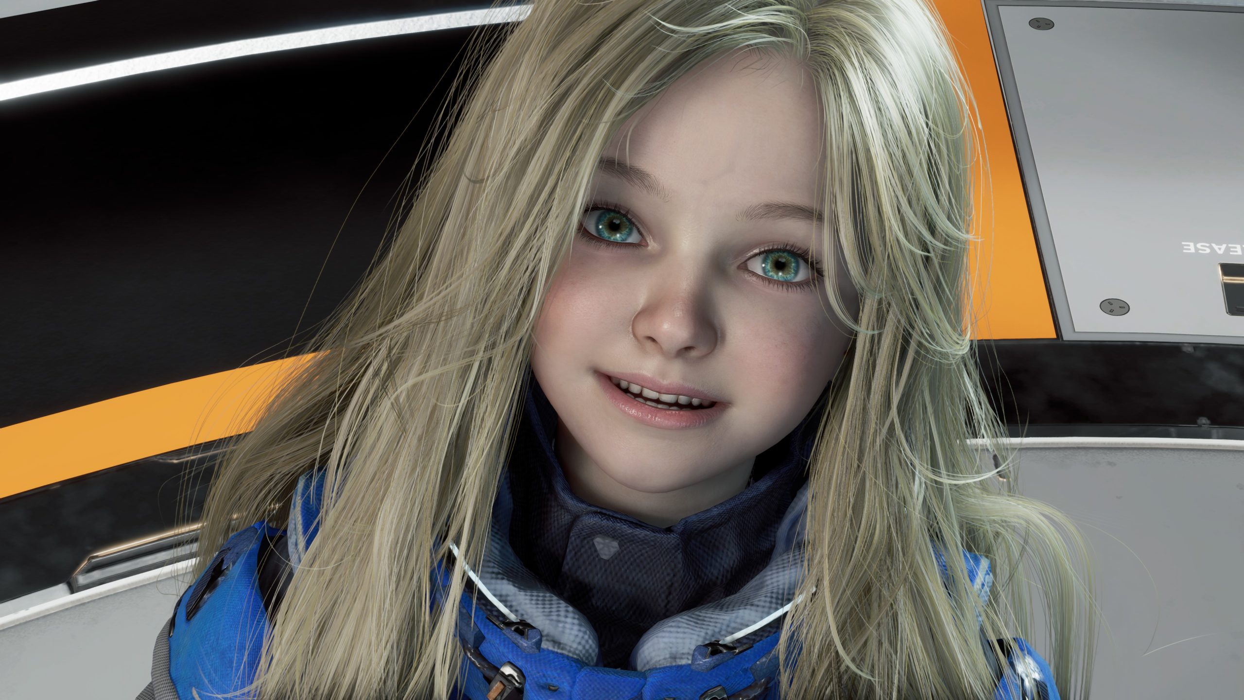 A 3D-rendered character with long blonde hair and a blue outfit smiling against a futuristic background.