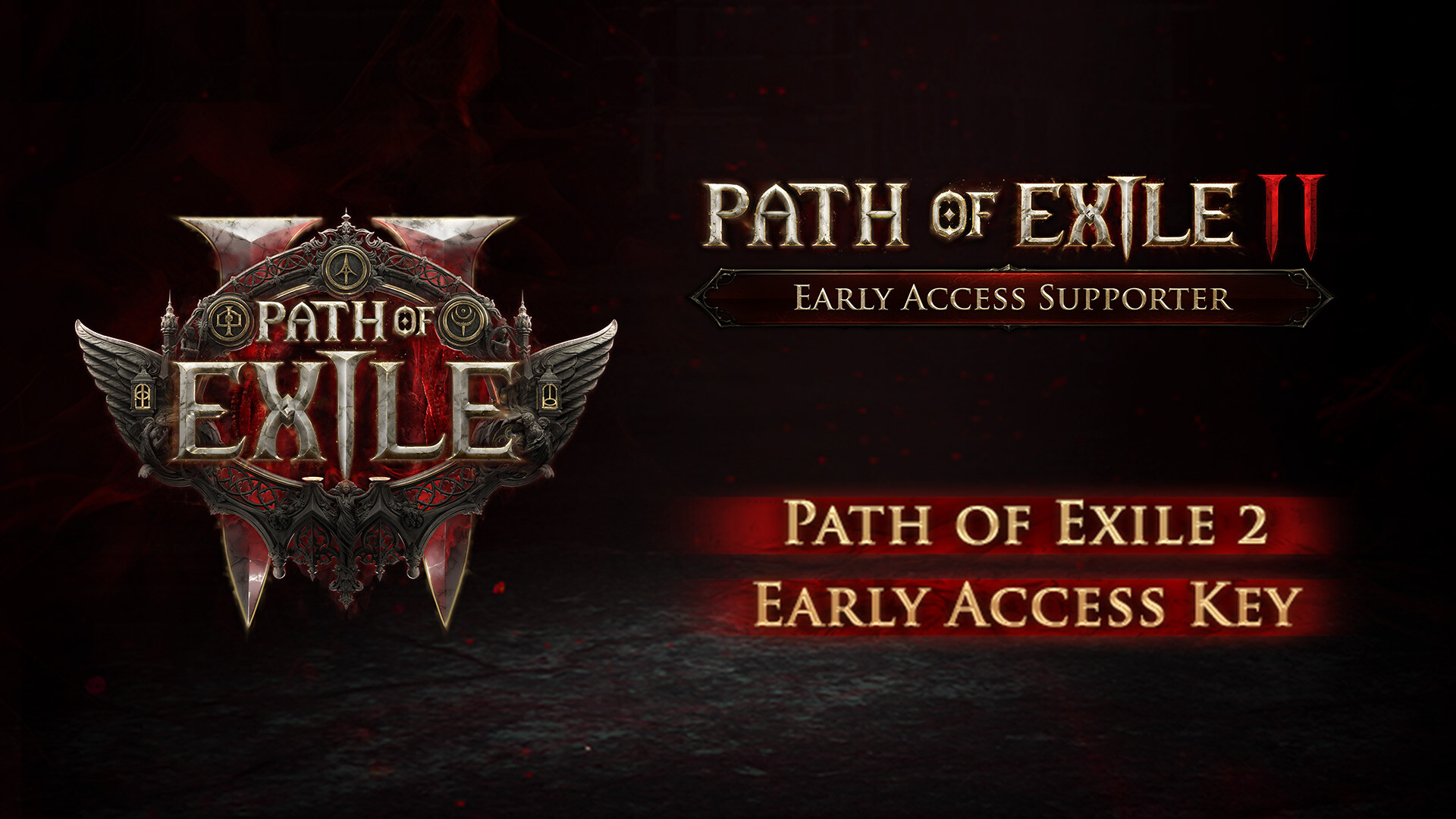 The image shows the logo for Path of Exile II with the text 'Early Access Supporter' and 'Path of Exile 2 Early Access Key' on a dark background.