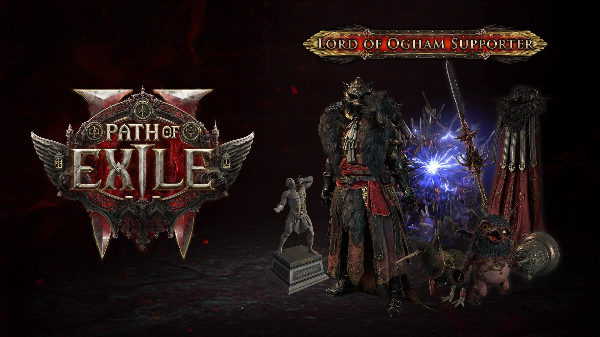 A promotional image for 'Path of Exile' featuring the 'Lord of Ogham Supporter' pack with a character in ornate armor, a statue, and a small creature.