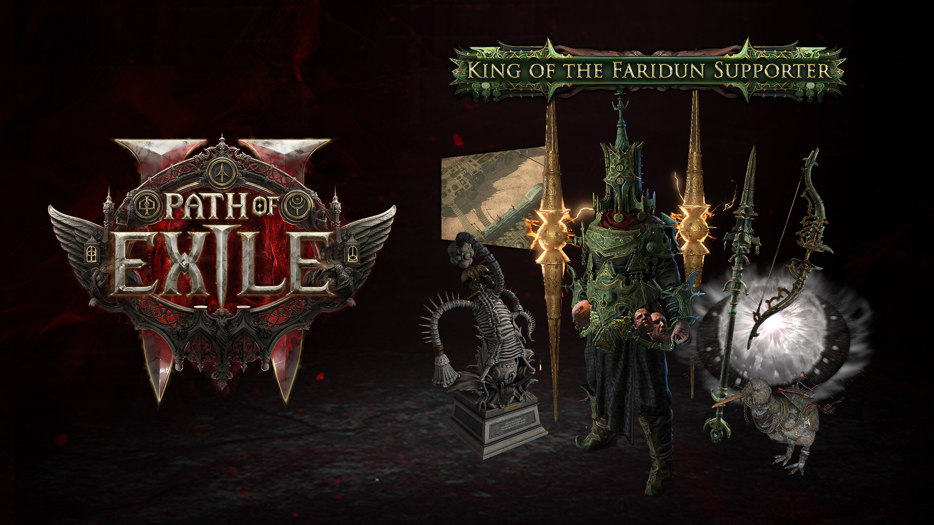 The image features the logo and character designs for Path of Exile with 'King of the Faridun Supporter' text.