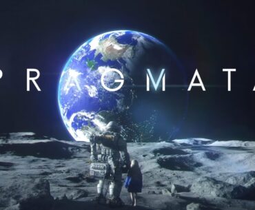 An astronaut and a girl stand on the moon looking at Earth, with 'PRAGMATA' in large letters above.