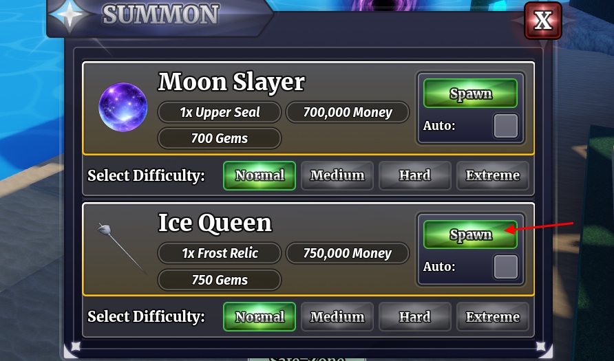 Spawn Ice Queen using Frost Relic Sailor Piece