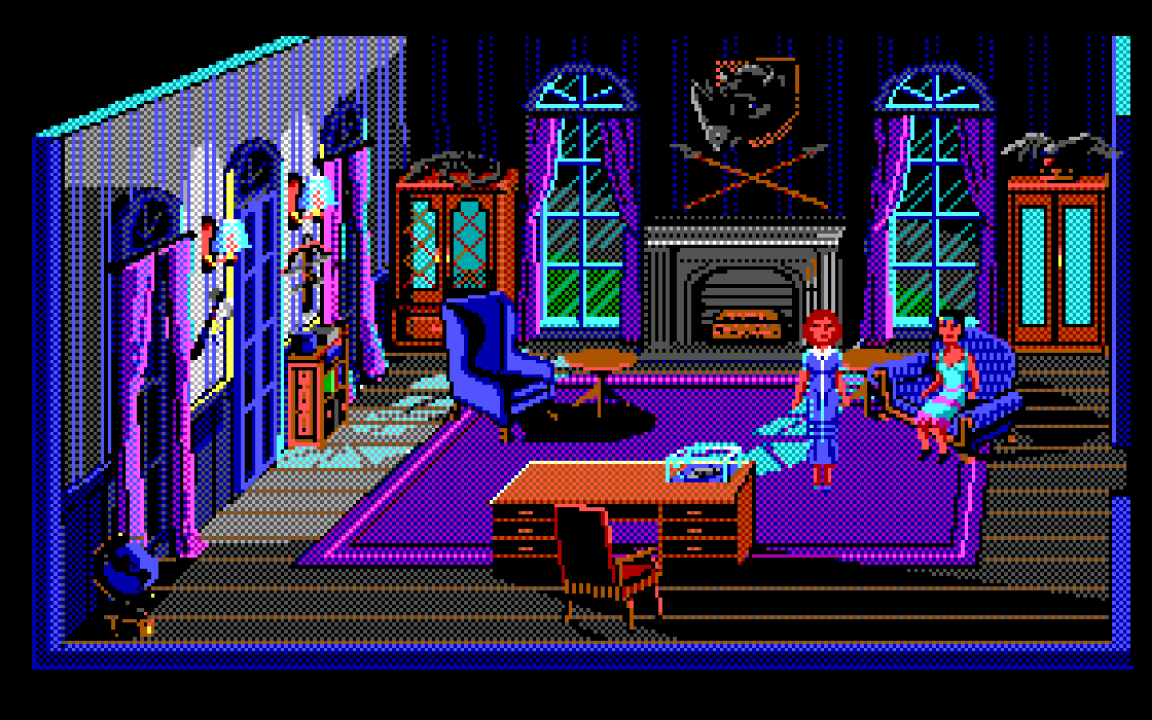 Laura Bow stands in a finely decorated room in The Colonel's Bequest. Her flapper friend, Lillian, sits nearby. 