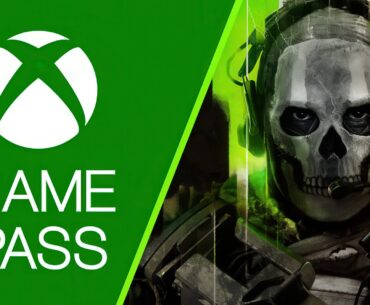 An Xbox logo with 'Game Pass' text is next to a character wearing a skull mask and headset from the game Call of Duty.