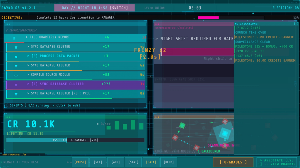hacking in a neon terminal while the system watches everything you do