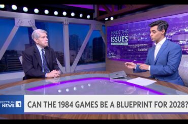 Zev Yaroslavsky apearing on “Inside the Issues“ news segment with Amrit Singh on Spectrum News 1. They sit across from each other on the tv news set.